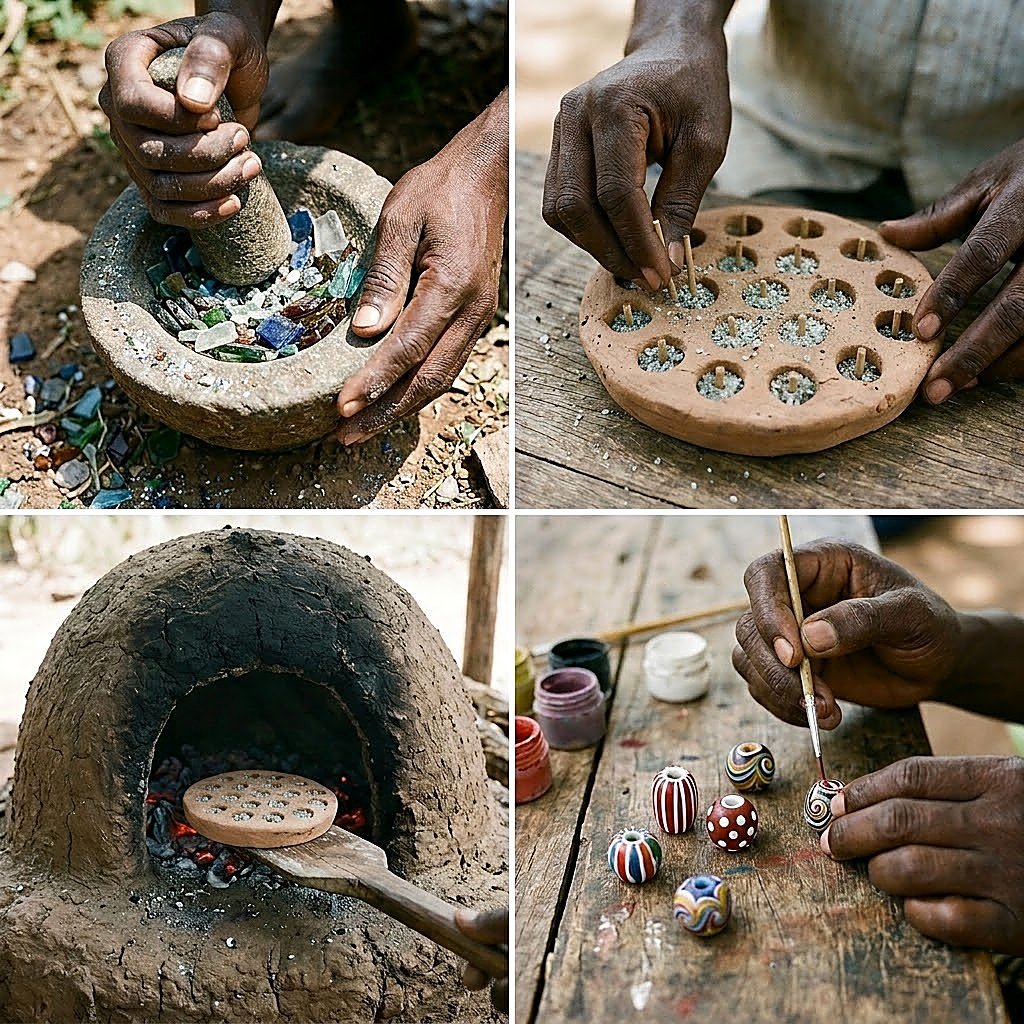 Collage del proceso artesanal de las cuentas de vidrio reciclado de Krobo: molienda del vidrio en mortero de piedra, moldes de arcilla rellenos con fibra vegetal, horno de barro con brasas, y pintado a mano de las cuentas terminadas